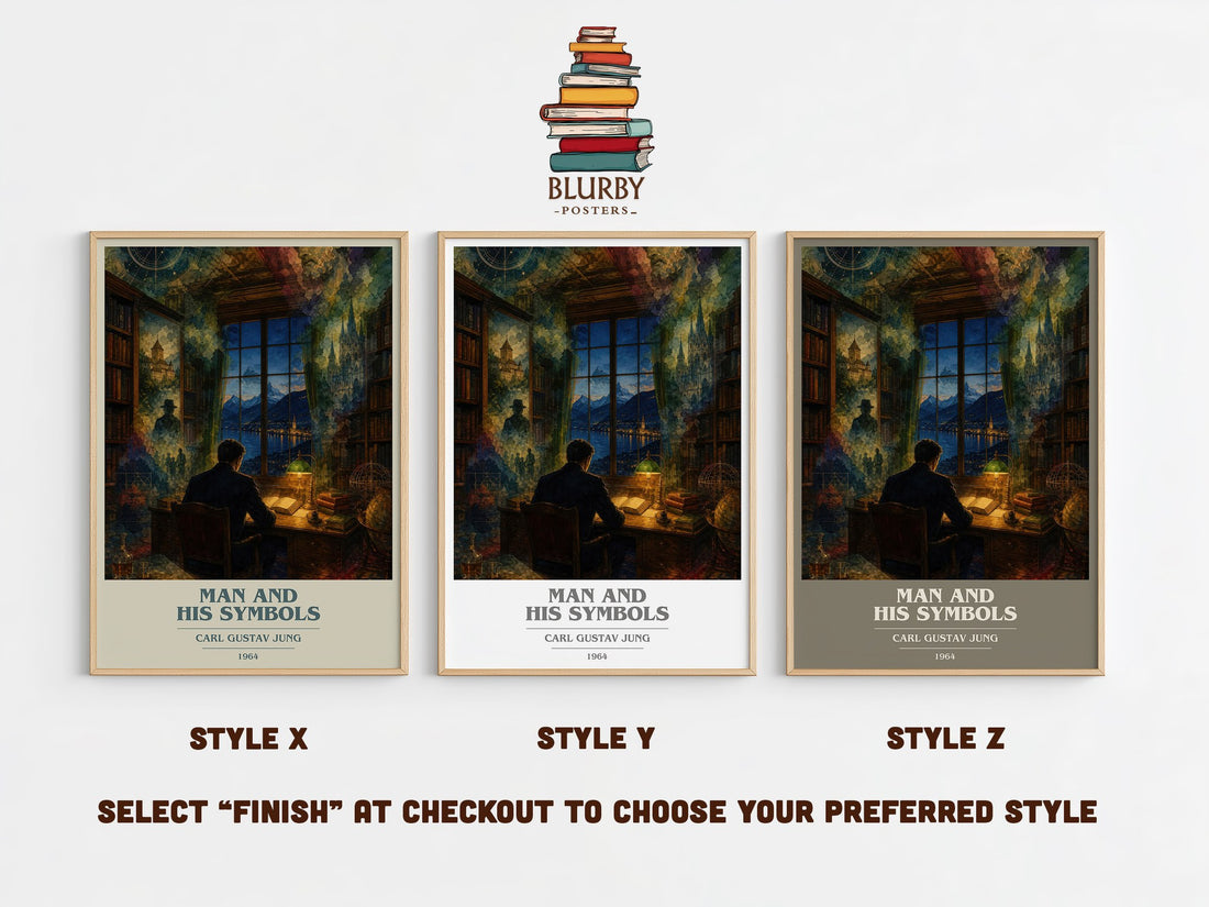 Man and His Symbols book cover print in frame leaning in hallway – non fiction wall art (mockup)
