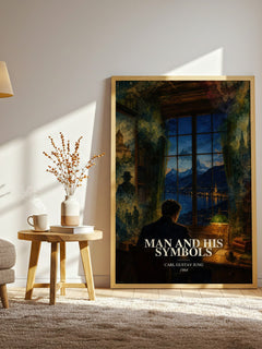 Man and His Symbols watercolour print in frame leaning in hallway – non fiction wall art