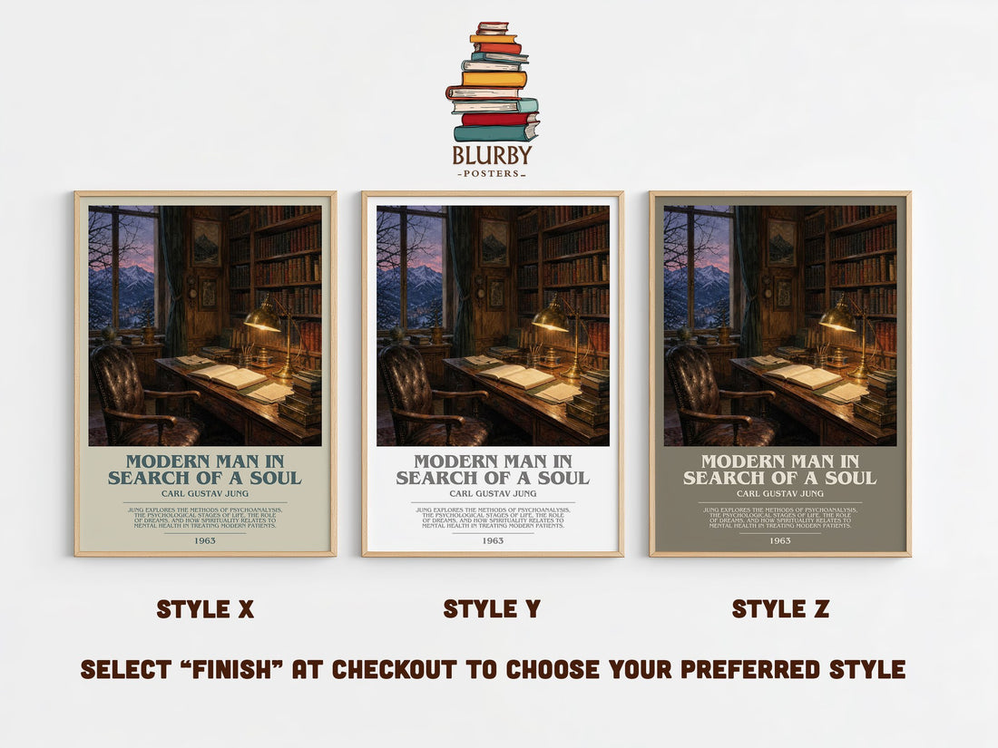 Modern man in search of a soul bookish print in frame leaning in hallway – non fiction wall art (mockup)