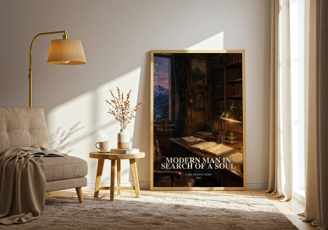 Modern man in search of a soul watercolour print in frame leaning in hallway – non fiction wall art