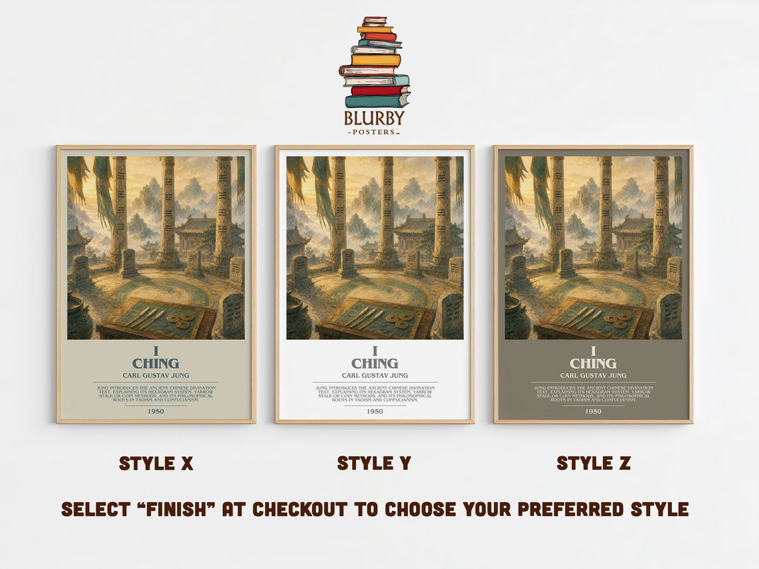 I Ching bookish print in frame leaning in hallway – philosophy wall art (mockup)