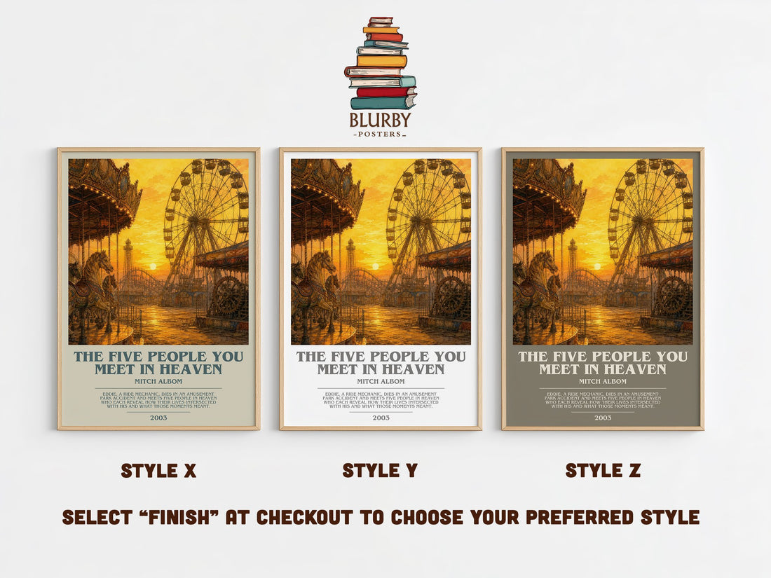The Five People You Meet in Heaven bookish print in frame leaning in hallway – contemporary fiction wall art (mockup)