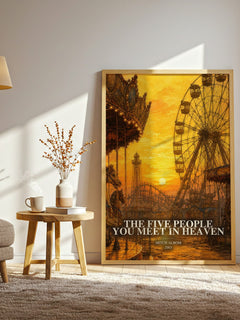 The Five People You Meet in Heaven watercolour print in frame leaning in hallway – contemporary fiction wall art