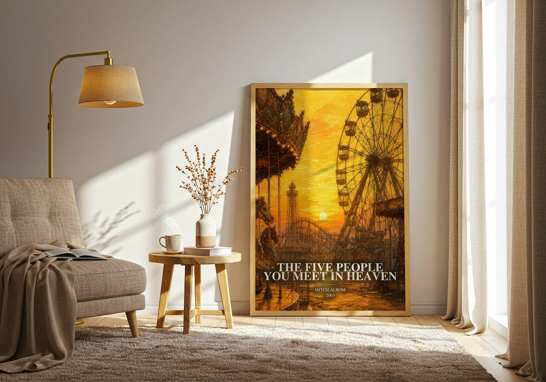 The Five People You Meet in Heaven watercolour print in frame leaning in hallway – contemporary fiction wall art
