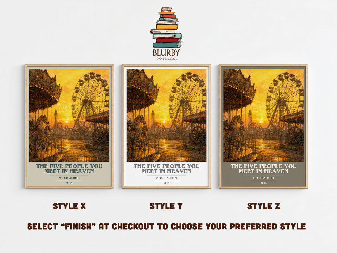 The Five People You Meet in Heaven book cover print in frame leaning in hallway – contemporary fiction wall art (mockup)