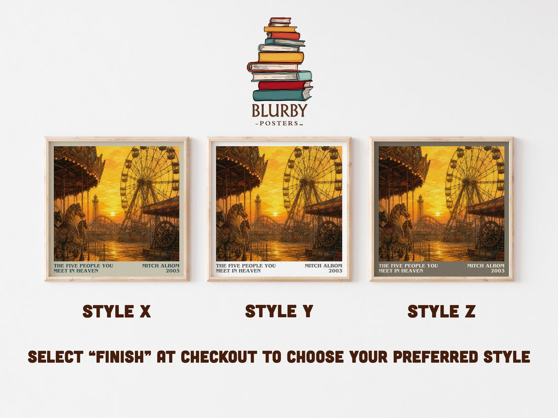 The Five People You Meet in Heaven literary print in frame leaning in hallway – contemporary fiction wall art (mockup)