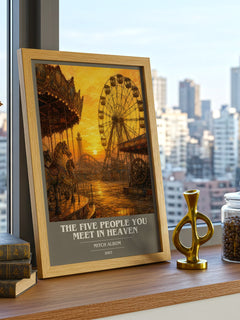 The Five People You Meet in Heaven book cover print framed by window – literary home decor