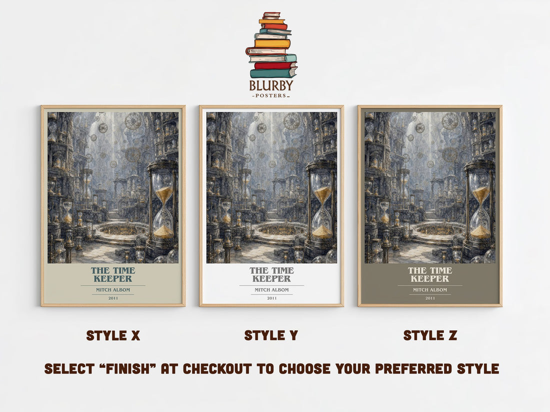 The time keeper book cover print in frame leaning in hallway – literary fiction wall art (mockup)