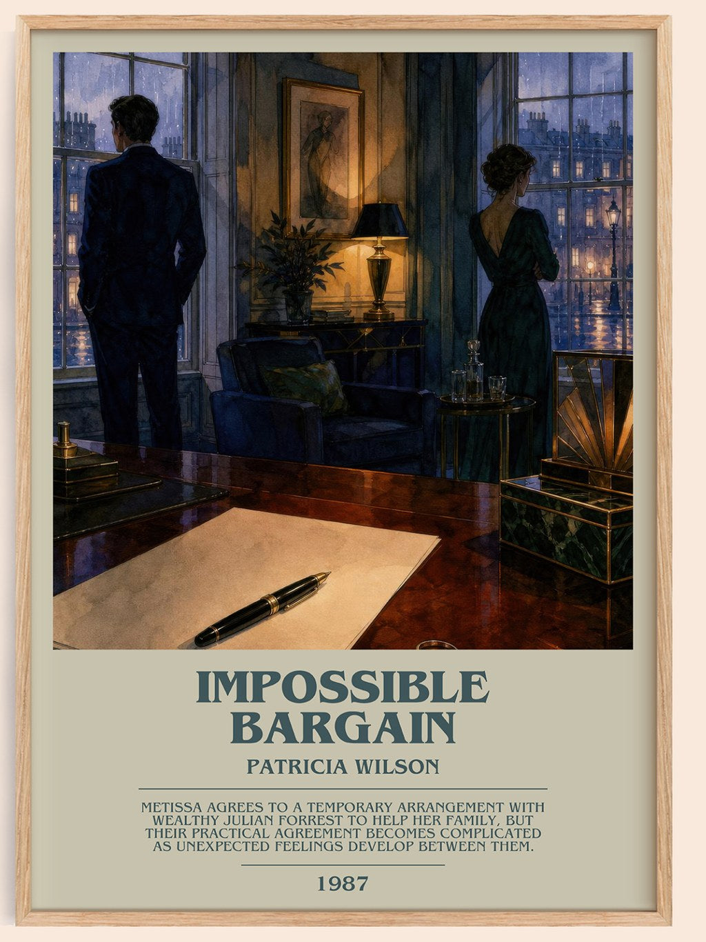 Impossible Bargain bookish book poster by Patricia Wilson – framed literary art print