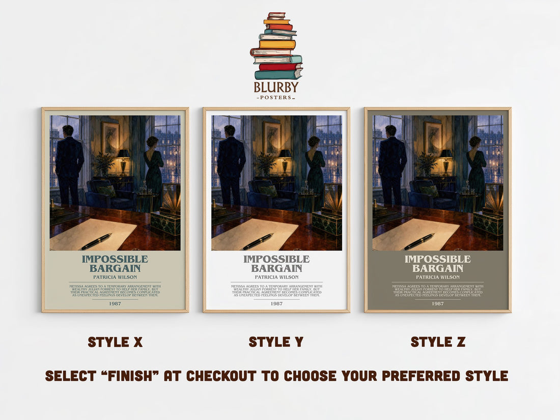 Impossible Bargain bookish print in frame leaning in hallway – romance wall art (mockup)