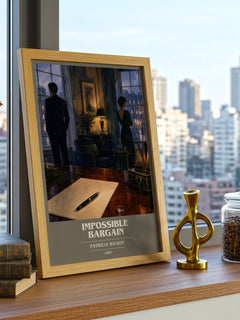 Impossible Bargain book cover print framed by window – literary home decor