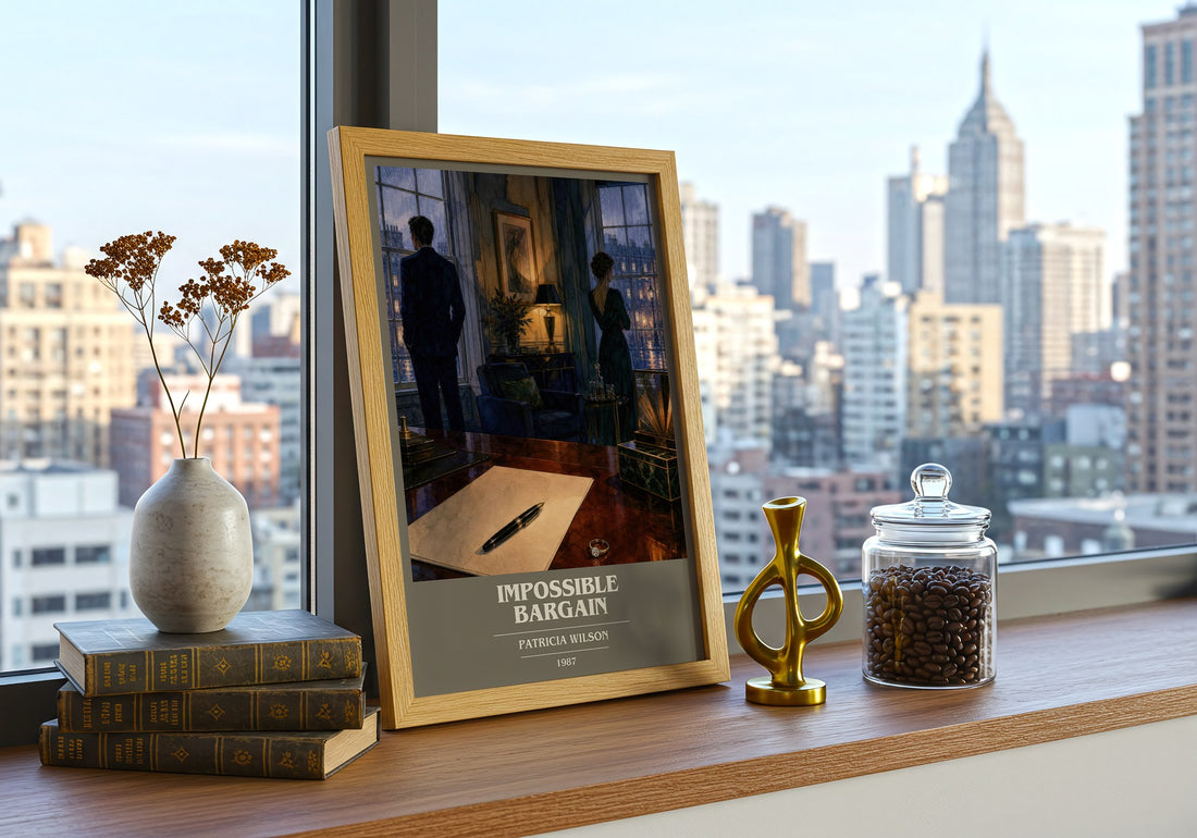 Impossible Bargain book cover print framed by window – literary home decor