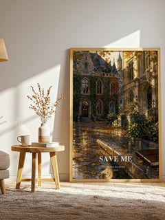 Save Me watercolour print in frame leaning in hallway – romance wall art