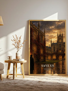 Save Us watercolour print in frame leaning in hallway – contemporary fiction wall art