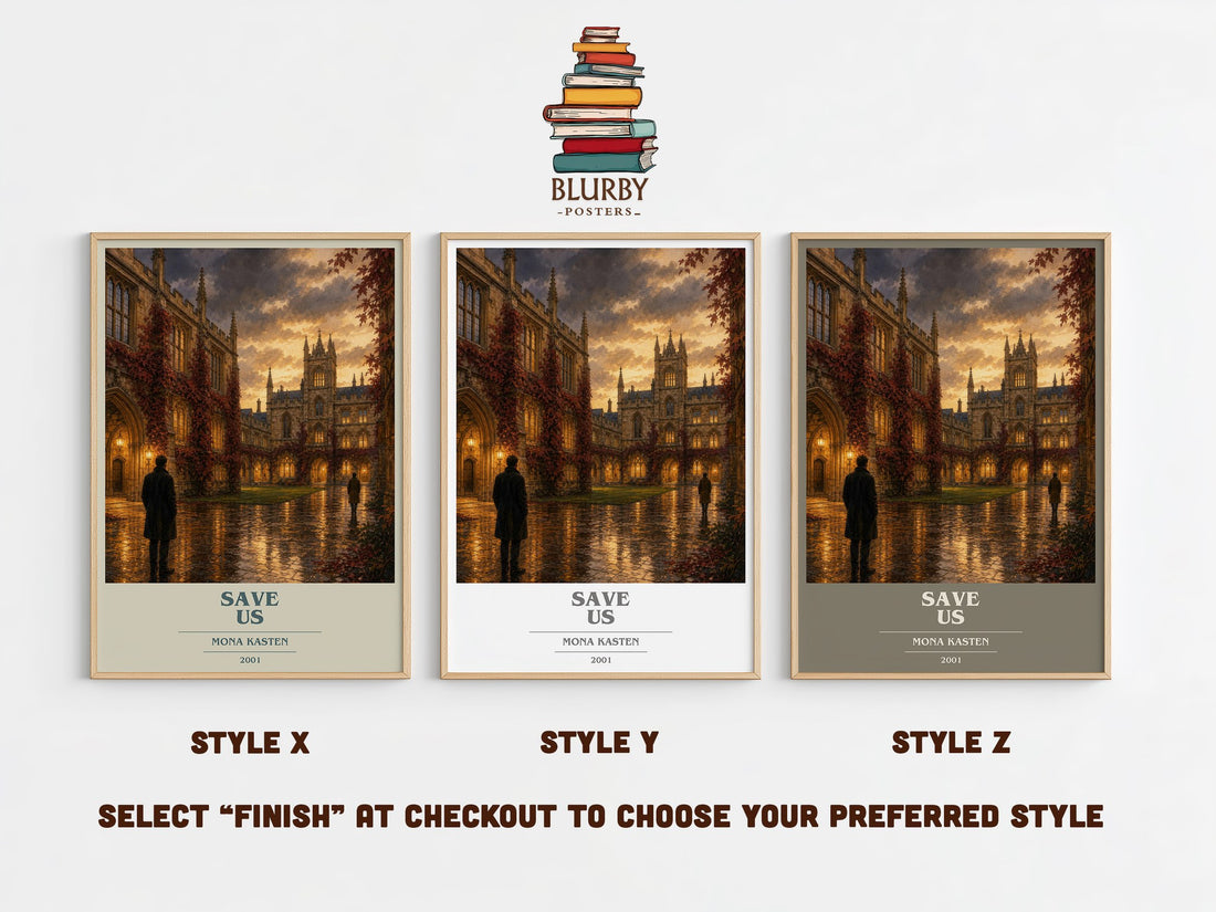 Save Us book cover print in frame leaning in hallway – contemporary fiction wall art (mockup)