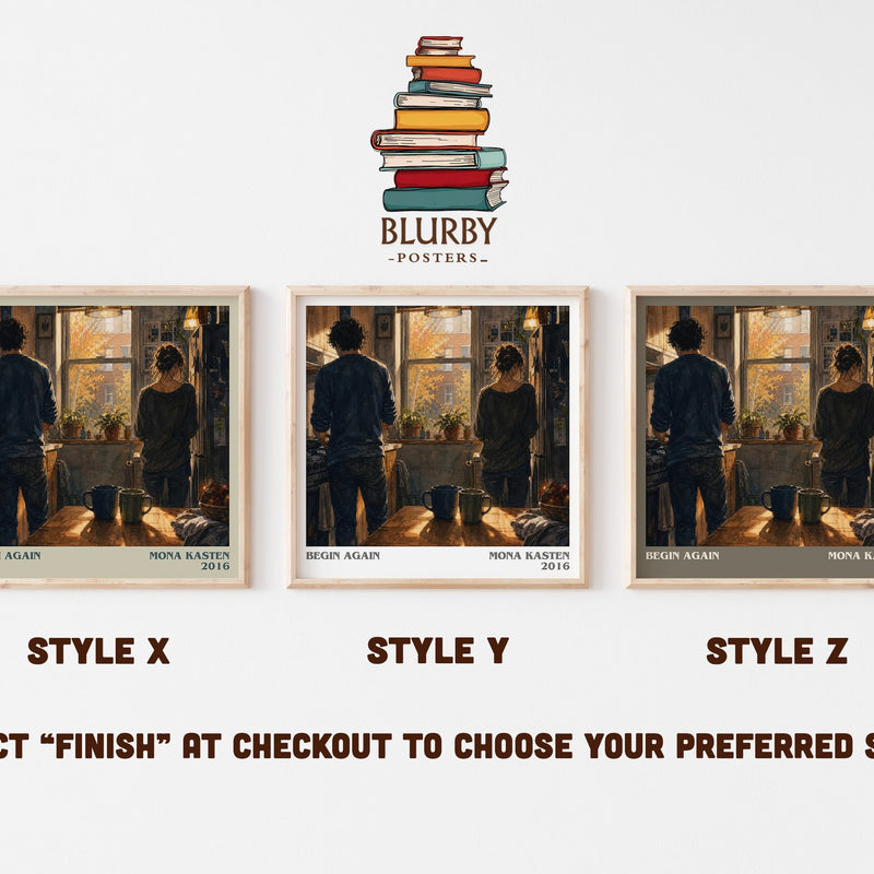 Begin Again literary print in frame leaning in hallway – contemporary fiction wall art
