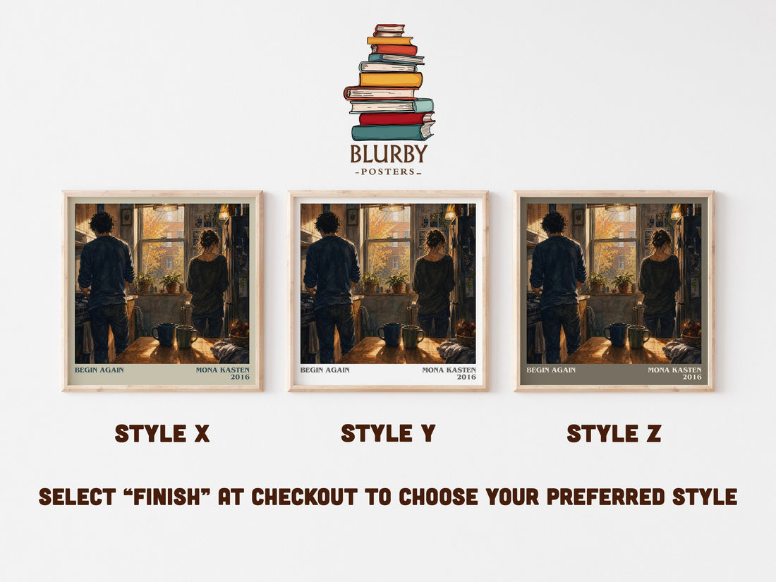 Begin Again literary print in frame leaning in hallway – contemporary fiction wall art (mockup)