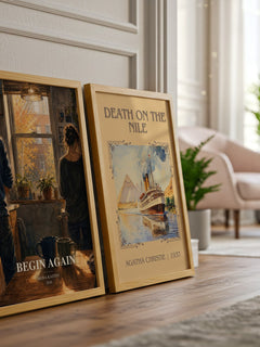 Begin Again watercolour print framed by window – literary home decor