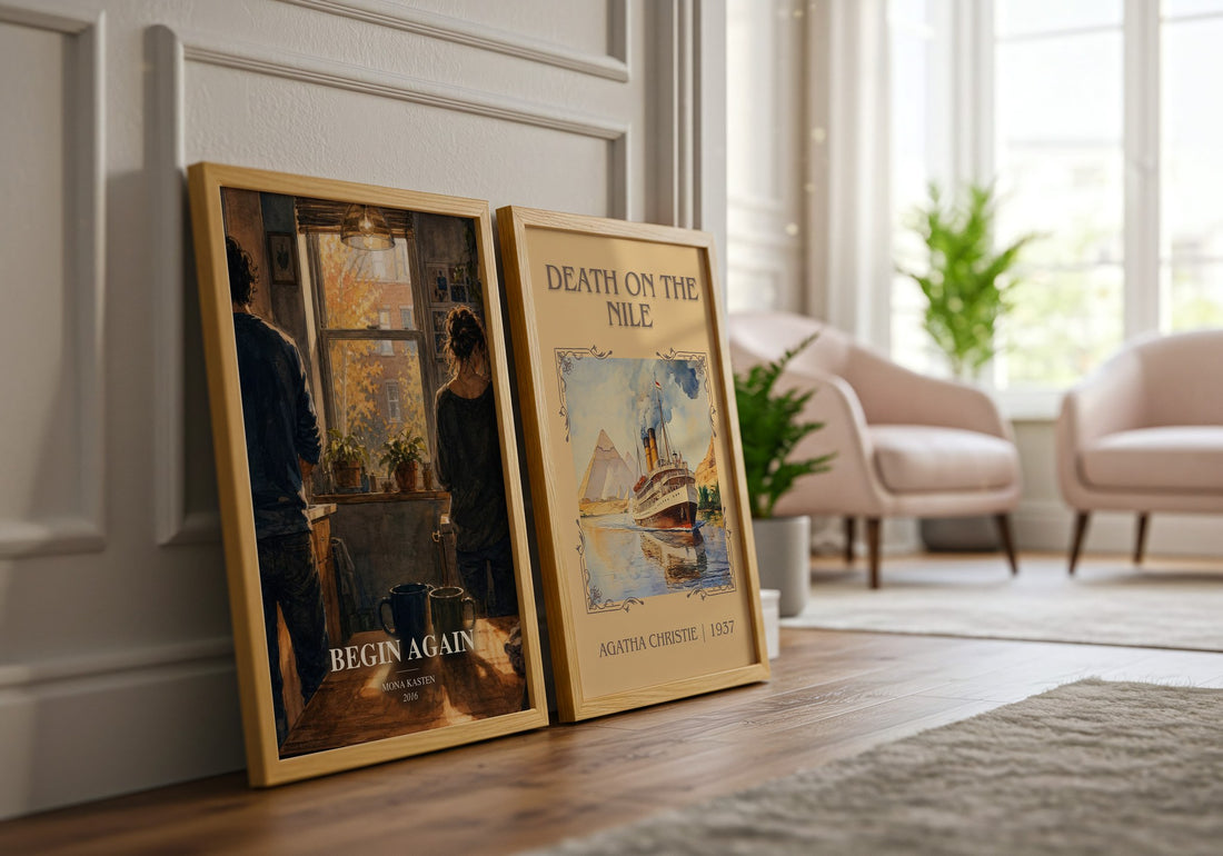 Begin Again watercolour print framed by window – literary home decor