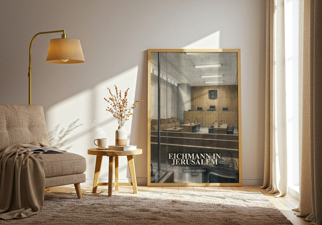 Eichmann in Jerusalem watercolour print in frame leaning in hallway – non fiction wall art