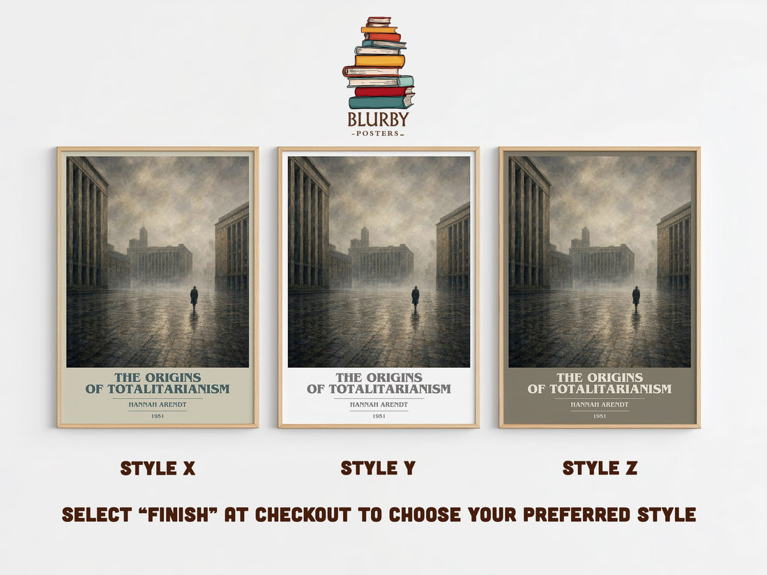 The Origins of Totalitarianism book cover print in frame leaning in hallway – philosophy wall art (mockup)
