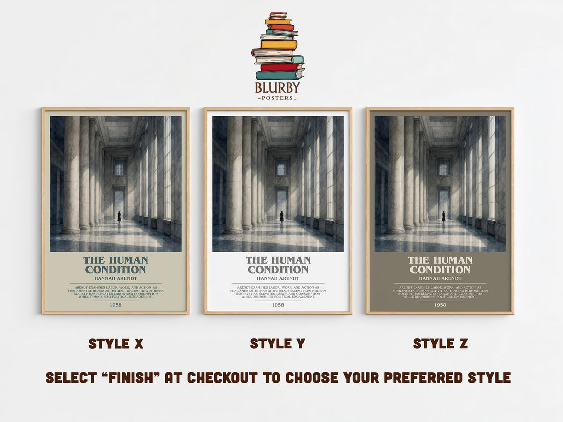 The Human Condition bookish print in frame leaning in hallway – philosophy wall art (mockup)