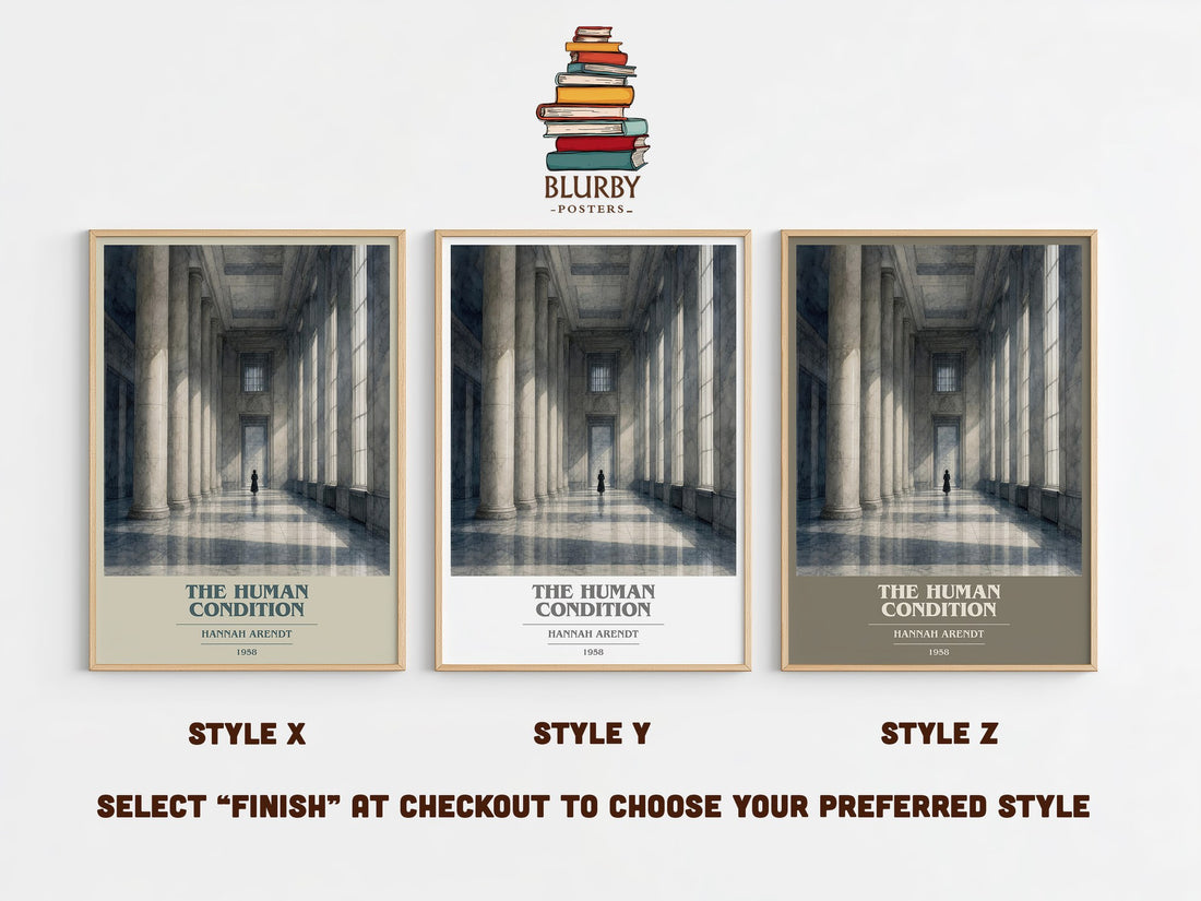 The Human Condition book cover print in frame leaning in hallway – philosophy wall art (mockup)