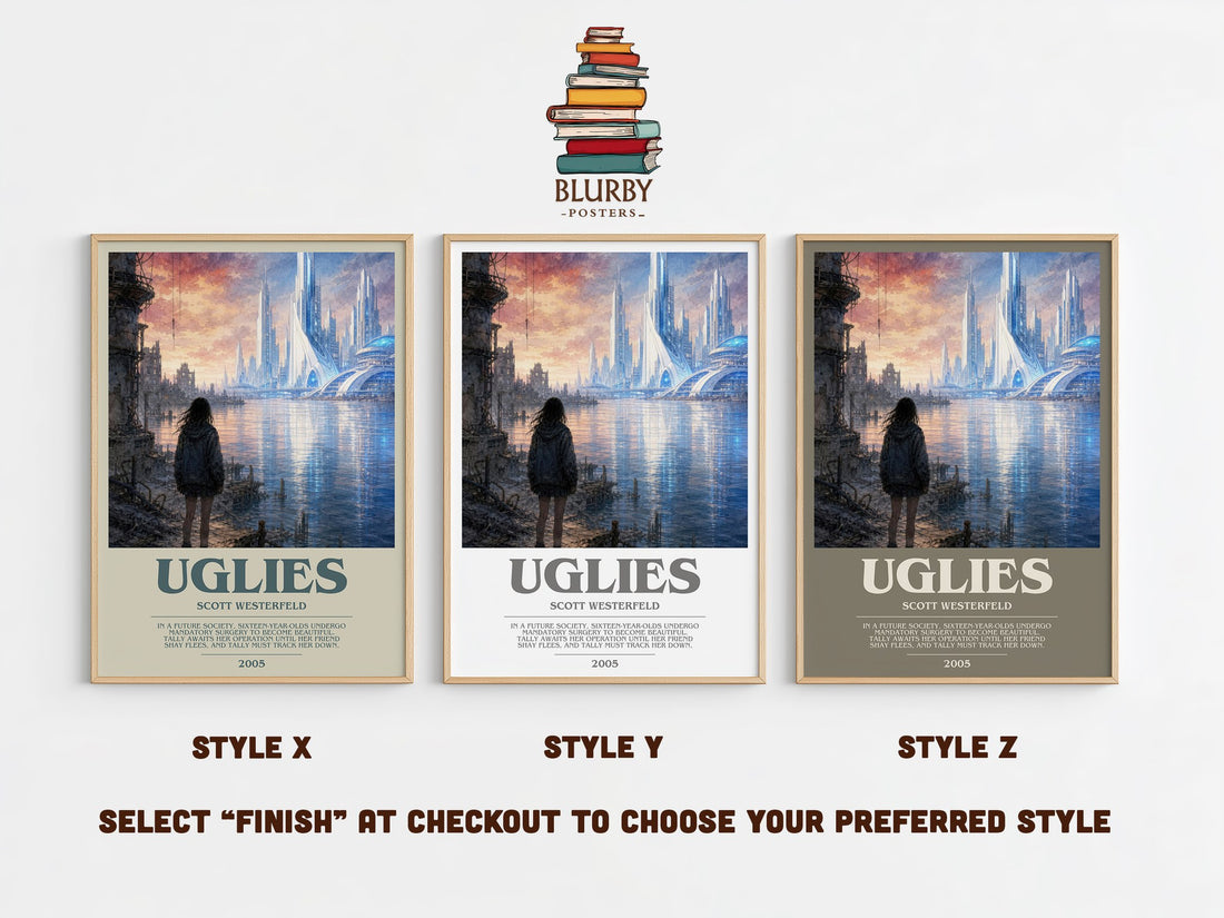 Uglies bookish print in frame leaning in hallway – dystopian wall art (mockup)