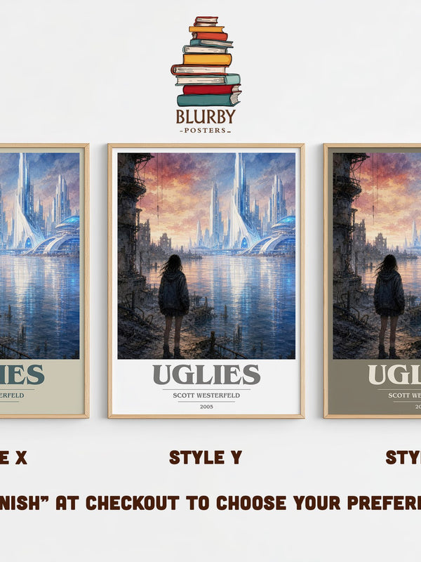 Uglies book cover print in frame leaning in hallway – dystopian wall art
