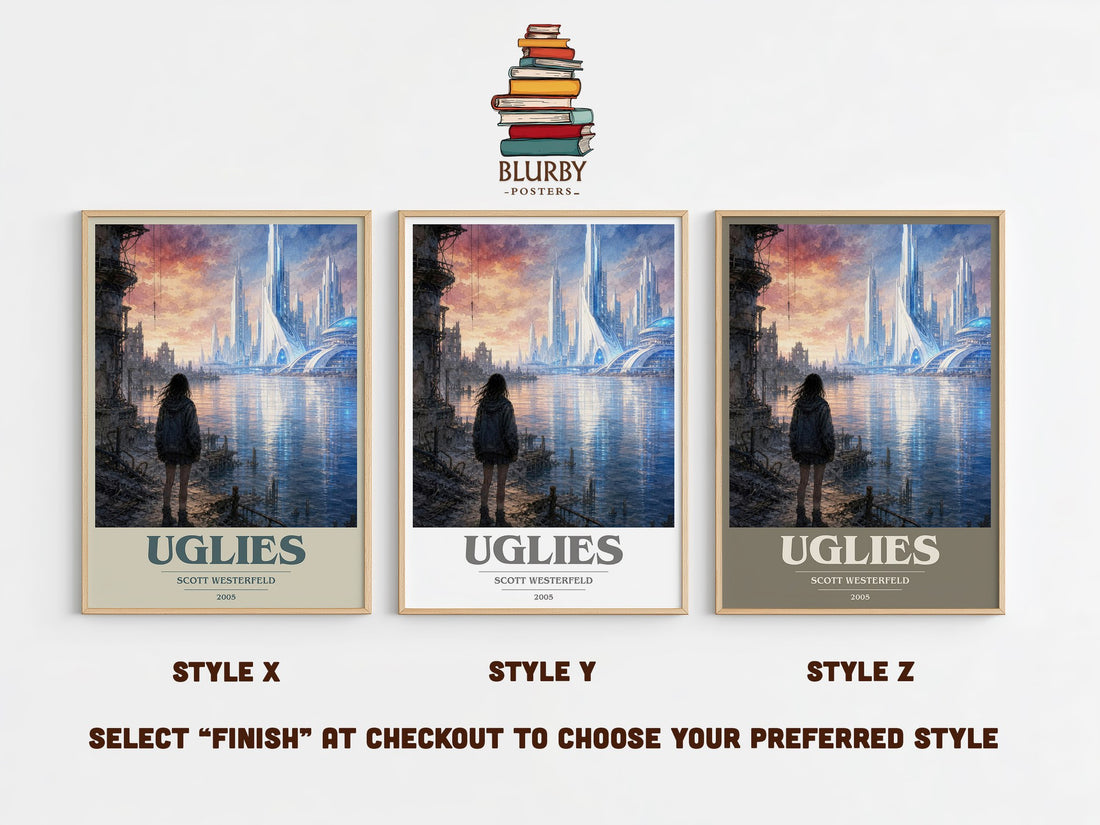 Uglies book cover print in frame leaning in hallway – dystopian wall art (mockup)