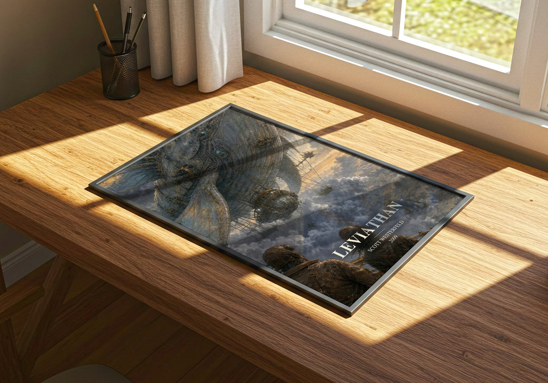 Leviathan watercolour book poster framed on wall – young adult wall art