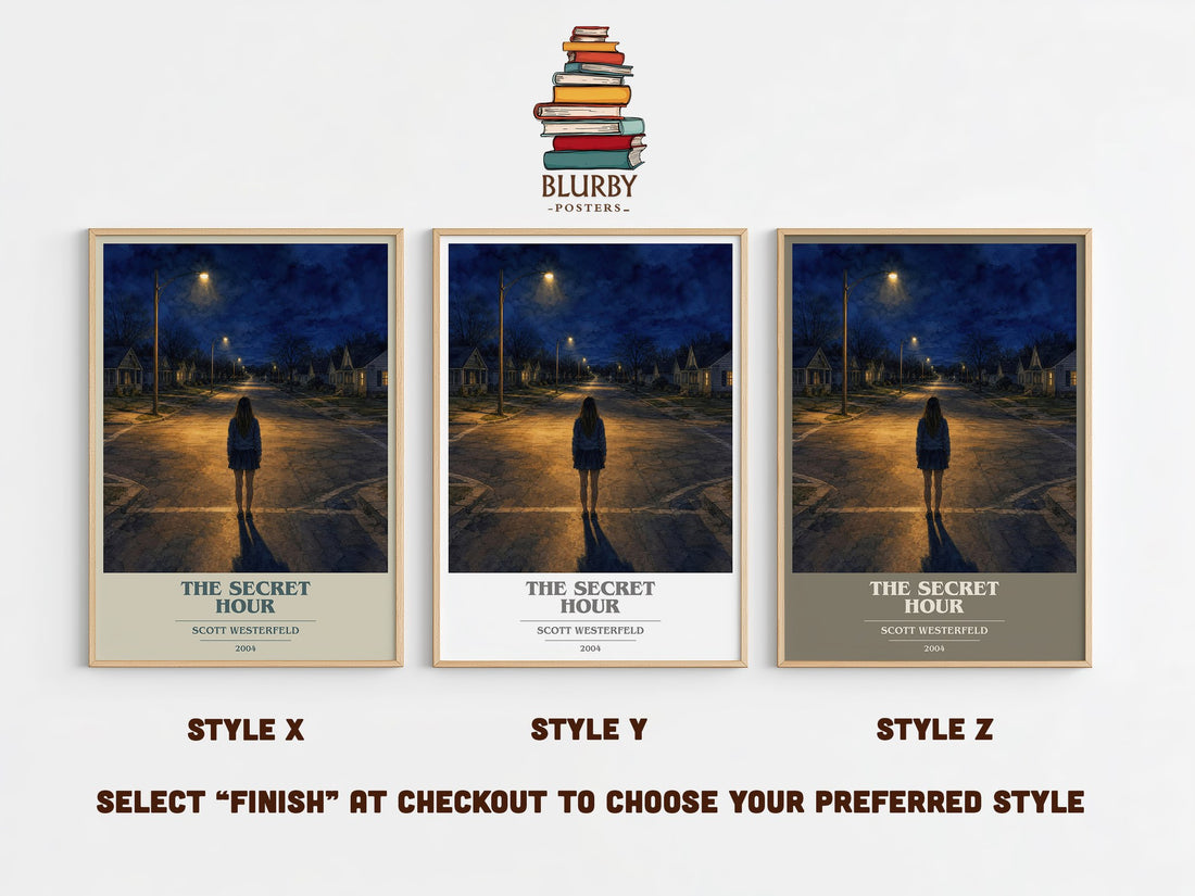 The Secret Hour book cover print in frame leaning in hallway – young adult wall art (mockup)