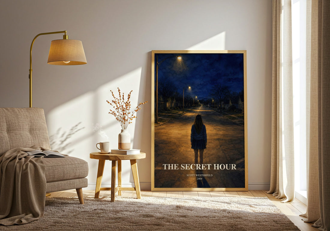 The Secret Hour watercolour print in frame leaning in hallway – young adult wall art