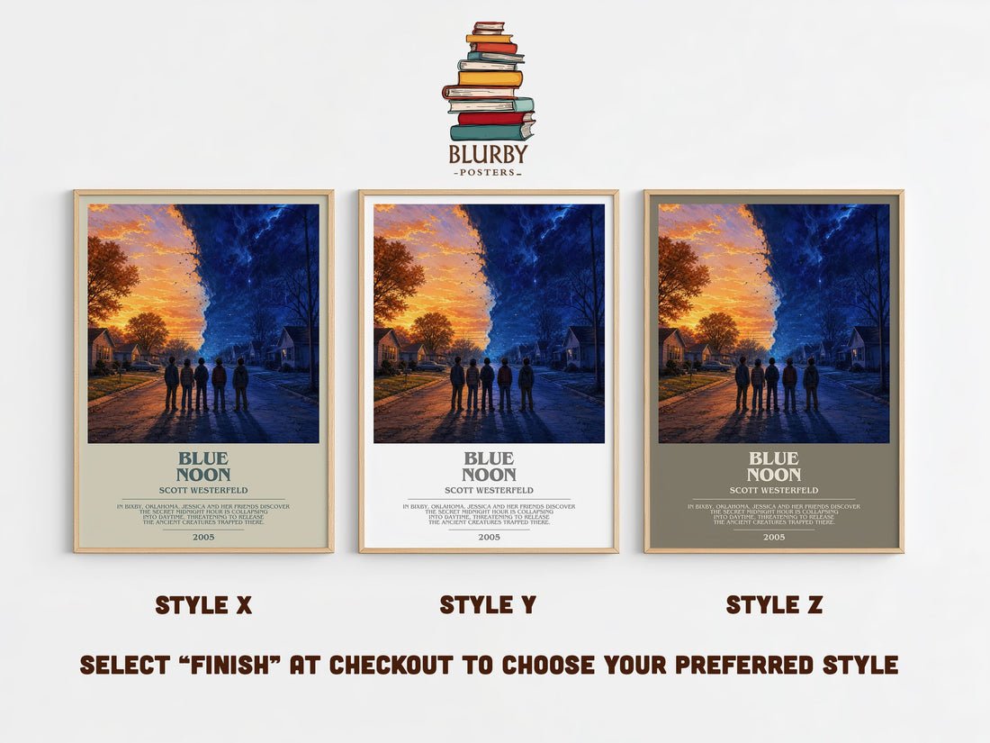 Blue Noon bookish print in frame leaning in hallway – young adult wall art (mockup)