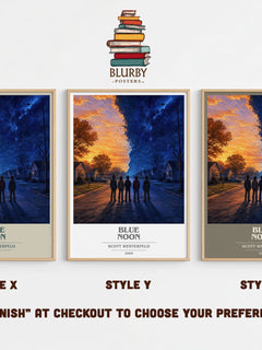Blue Noon book cover print in frame leaning in hallway – young adult wall art