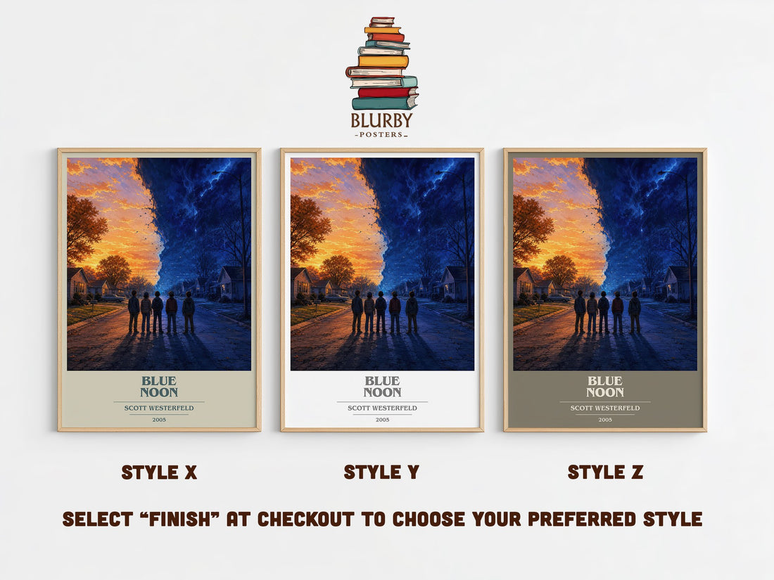Blue Noon book cover print in frame leaning in hallway – young adult wall art (mockup)