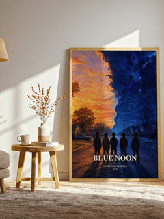 Blue Noon watercolour print in frame leaning in hallway – young adult wall art