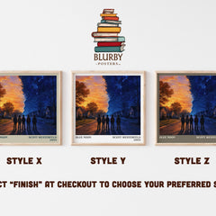 Blue Noon literary print in frame leaning in hallway – young adult wall art