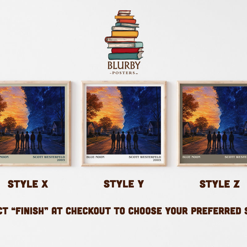 Blue Noon literary print in frame leaning in hallway – young adult wall art