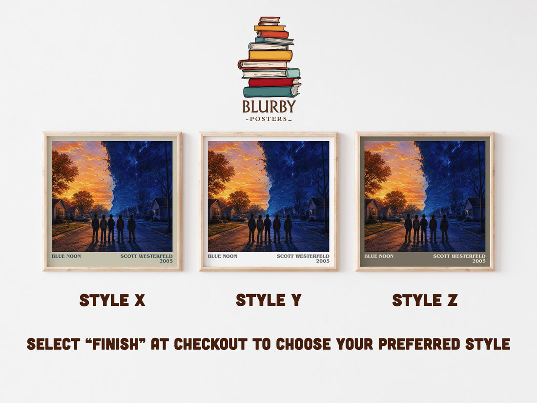 Blue Noon literary print in frame leaning in hallway – young adult wall art (mockup)