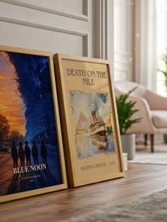 Blue Noon watercolour print framed by window – literary home decor