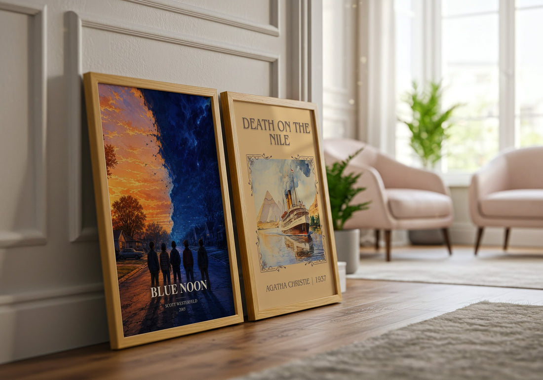 Blue Noon watercolour print framed by window – literary home decor