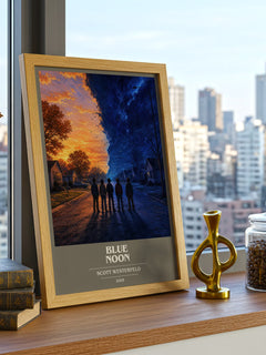 Blue Noon book cover print framed by window – literary home decor