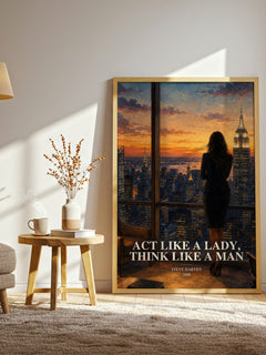 Act Like a Lady, Think Like a Man watercolour print in frame leaning in hallway – non fiction wall art