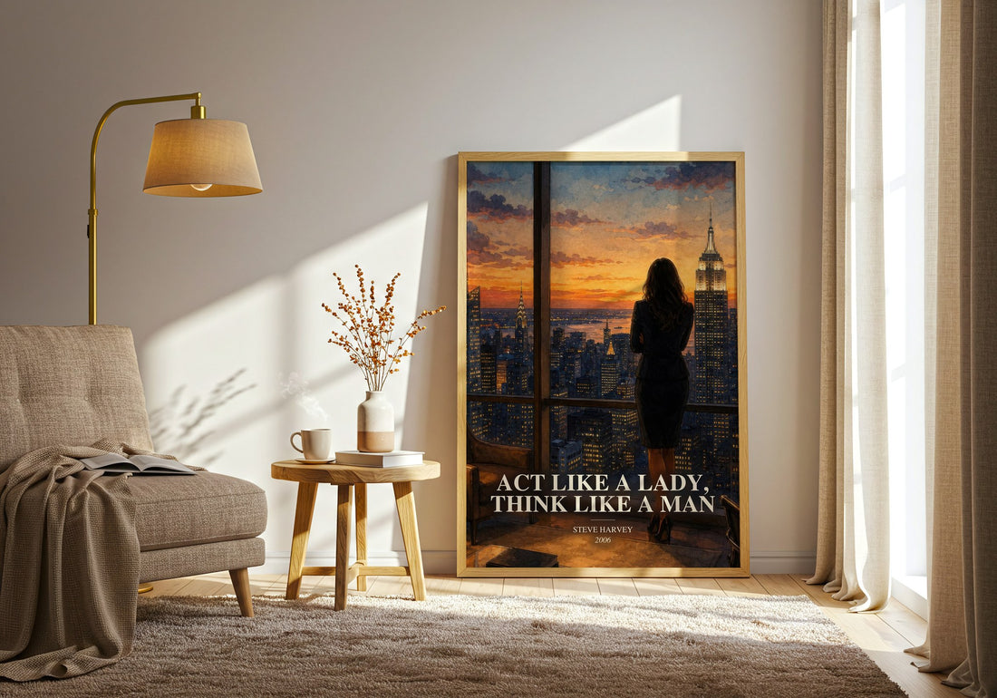 Act Like a Lady, Think Like a Man watercolour print in frame leaning in hallway – non fiction wall art