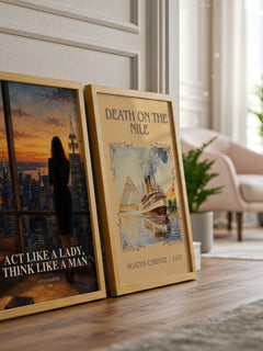 Act Like a Lady, Think Like a Man watercolour print framed by window – literary home decor