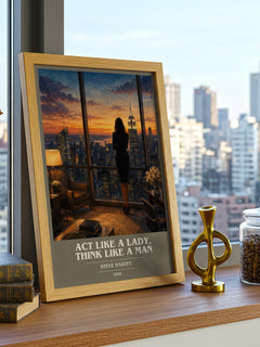 Act Like a Lady, Think Like a Man book cover print framed by window – literary home decor