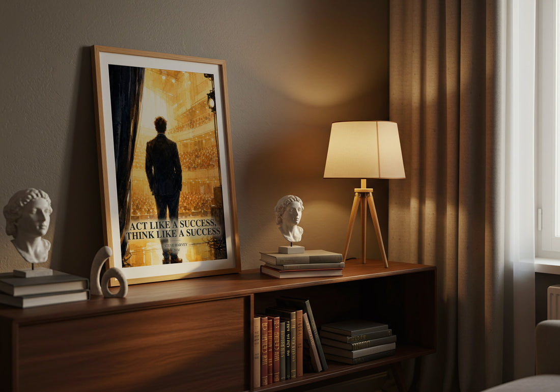 Act Like a Success, Think Like a Success watercolour print on bookshelf – Steve Harvey fan gift