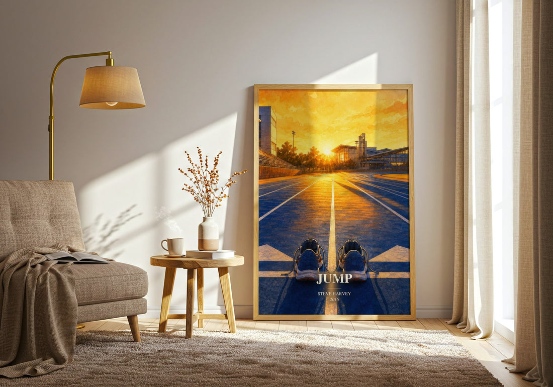 Jump watercolour print in frame leaning in hallway – __new__:self help wall art