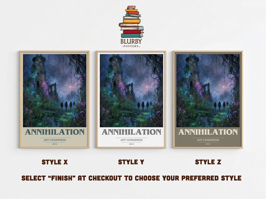 Annihilation book cover print in frame leaning in hallway – sci fi wall art (mockup)
